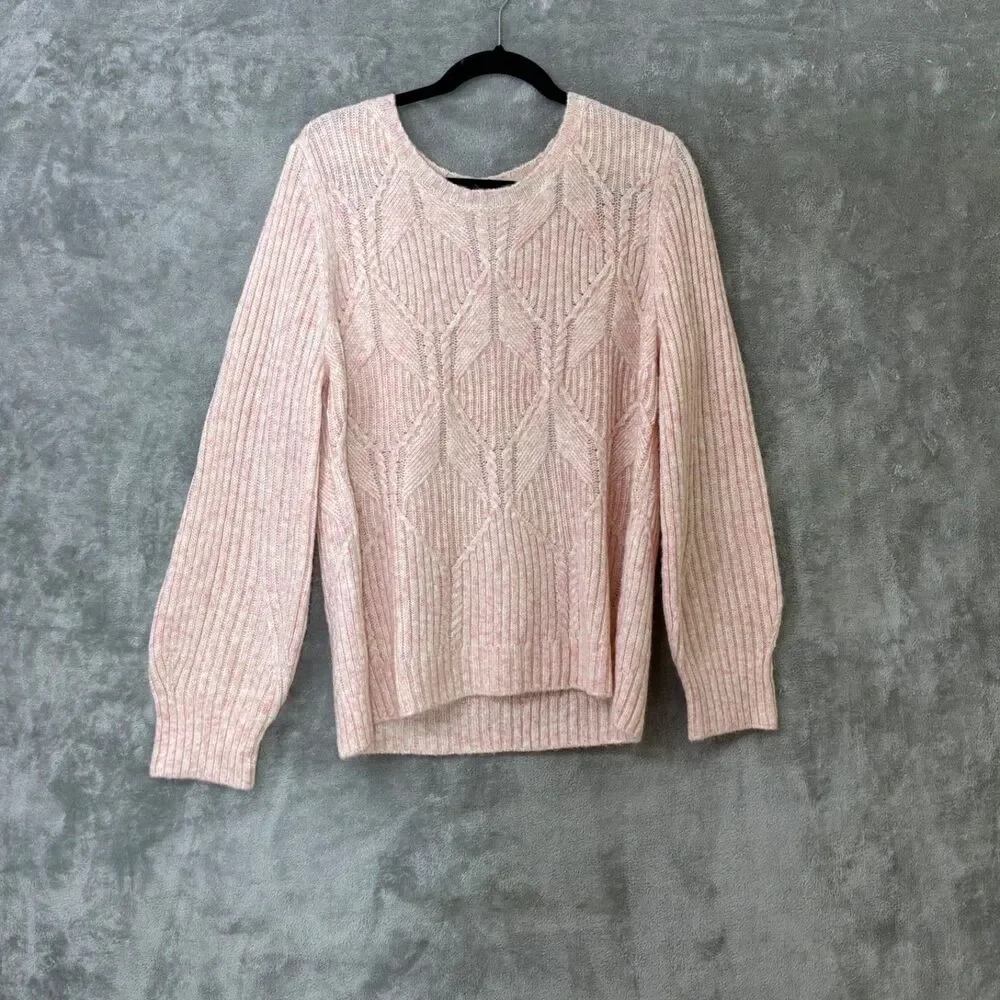 Talbots  Merino Wool Blend Chunky Cable Knit Sweater XL balloon sleeves pink